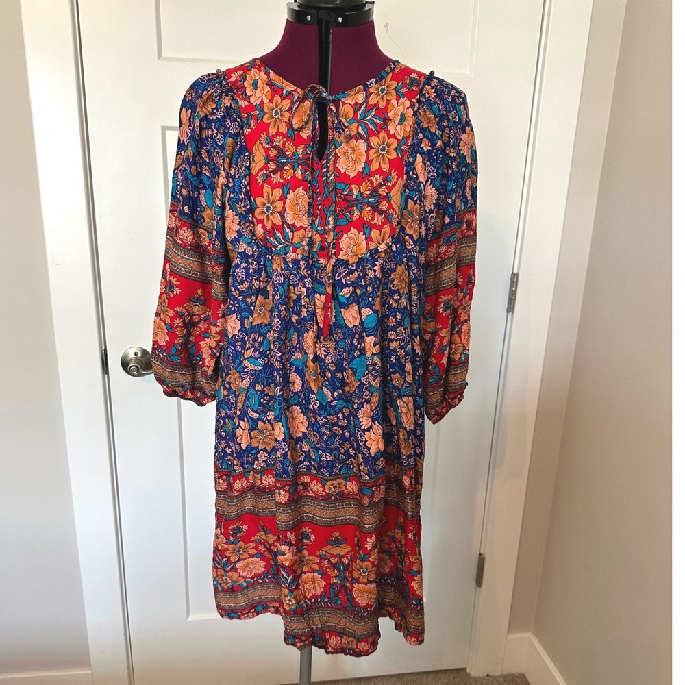 NWT Qearal Boho Floral Print Mini Dress  Long Sleeve Rayon Babydoll Size Small